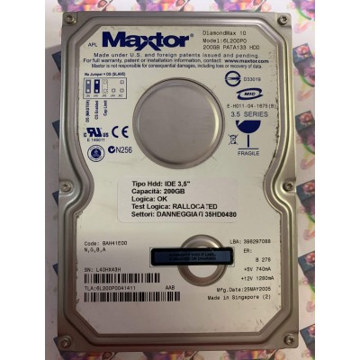 Hard Disk Usato Semifunzionante IDE 3,5" 200GB MAXTOR 6L200P0 6L200P0041411 BAH41E00 25 MAY 2005