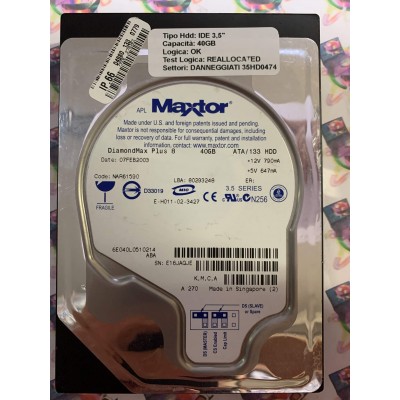Hard Disk Usato Semifunzionante IDE 3,5" 40GB MAXTOR 6E040L0 6E040L0510214 NAR61590 07 FEB 2003