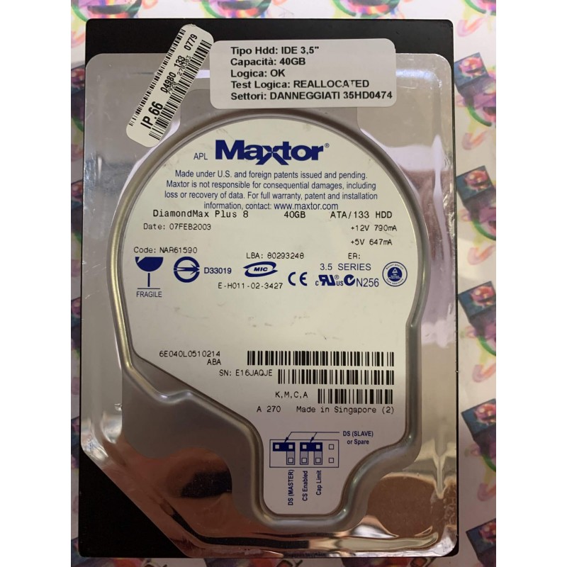 Hard Disk Usato Semifunzionante IDE 3,5" 40GB MAXTOR 6E040L0 6E040L0510214 NAR61590 07 FEB 2003