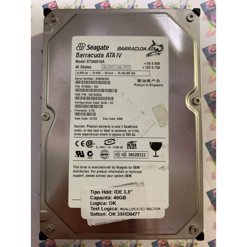 Hard Disk Usato Semifunzionante IDE 3,5" 40GB SEAGATE ST340016A 9T6002-103 SUW-03 3.75 03122 AMK