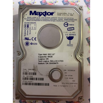 Hard Disk Usato Semifunzionante IDE 3,5" 80GB MAXTOR 6Y080L0 6Y080L0422611 YAR41BW0 08 SEP 2004