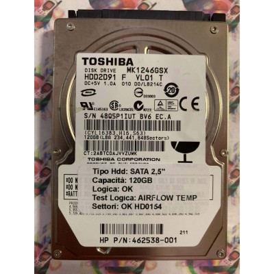 Hard Disk Usato Semifunzionante SATA 2,5" 120GB TOSHIBA MK1246GSX HDD2D91 F VL01 T
