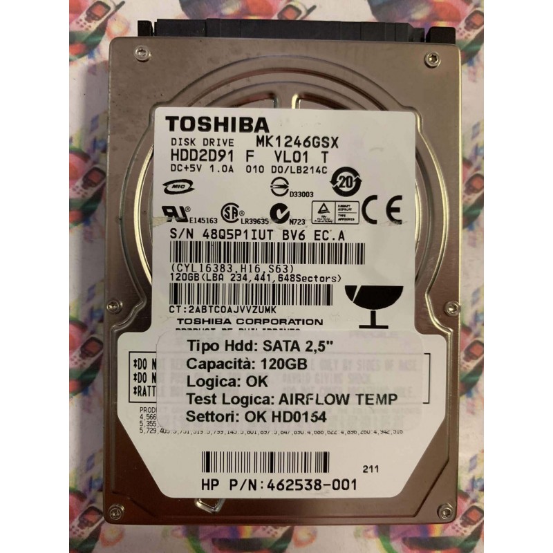 Hard Disk Usato Semifunzionante SATA 2,5" 120GB TOSHIBA MK1246GSX HDD2D91 F VL01 T