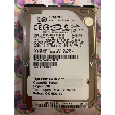 Hard Disk Usato Semifunzionante SATA 2,5" 160GB HITACHI HTS541616J9SA00 0A50687 DA1587 NOV-07