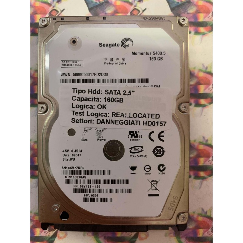 Hard Disk Usato Semifunzionante SATA 2,5" 160GB SEAGATE ST9160310AS 9EV132-188 0303 09517 WU