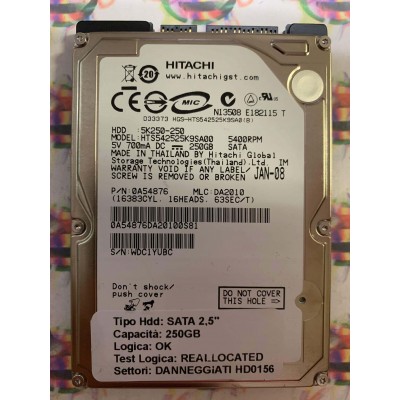 Hard Disk Usato Semifunzionante SATA 2,5" 250GB HITACHI HTS54252K9SA00 0A54876 DA2010 JAN-08