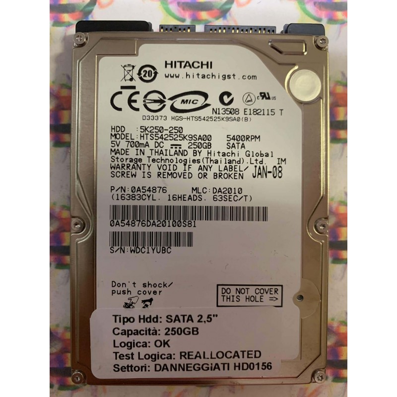 Hard Disk Usato Semifunzionante SATA 2,5" 250GB HITACHI HTS54252K9SA00 0A54876 DA2010 JAN-08