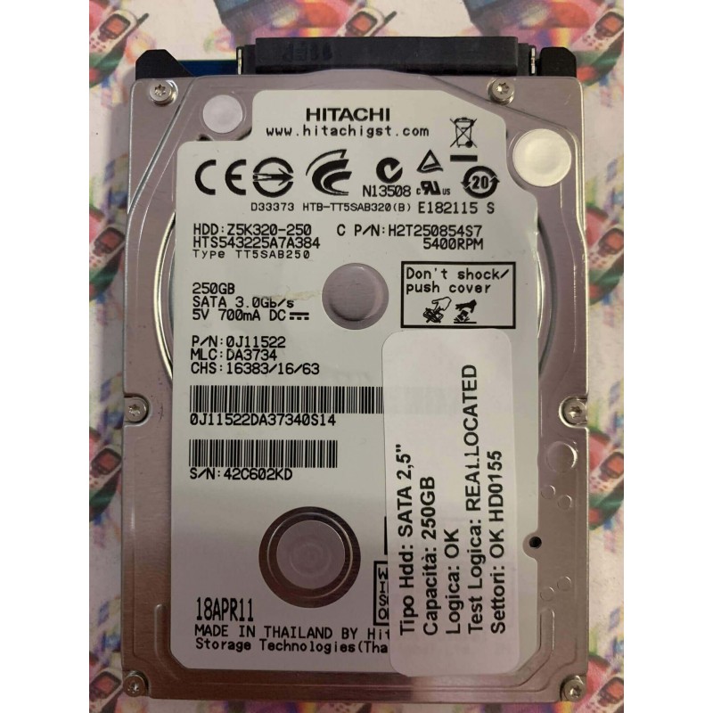 Hard Disk Usato Semifunzionante SATA 2,5" 250GB TOSHIBA HTS543225A7A384 0J11522 DA3734 18APR11
