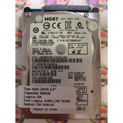 Hard Disk Usato Semifunzionante SATA 2,5" 500GB HGST HTS545050A7E380 0J30145 DA5322 A ACA0 A JUN-13