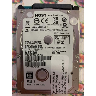 Hard Disk Usato Semifunzionante SATA 2,5" 500GB HGST HTS545050A7E380 0J31905 DA5405 CD0 30 JUL 13