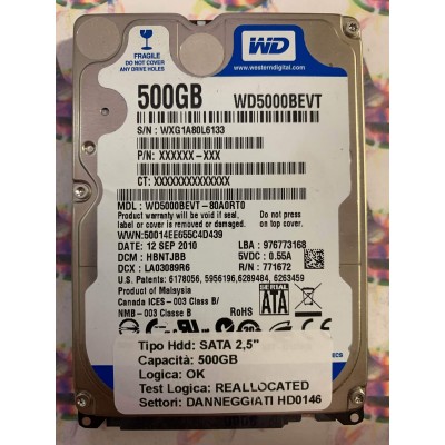 Hard Disk Usato Semifunzionante SATA 2,5" 500GB WESTERN DIGITAL WD5000BEVT-80A0RT0 HBTJBB LA03089R6 12 SEP 2010