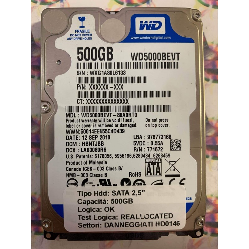 Hard Disk Usato Semifunzionante SATA 2,5" 500GB WESTERN DIGITAL WD5000BEVT-80A0RT0 HBTJBB LA03089R6 12 SEP 2010
