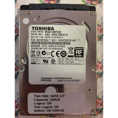 Hard Hard Disk Usato Funzionante 100% Ok SATA 2,5" 320GB TOSHIBA MQ01ABF032 AAA AA00 AM001A WU1 HDKCB07A1A01 T 01AUG2014