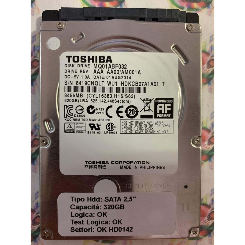 Hard Hard Disk Usato Funzionante 100% Ok SATA 2,5" 320GB TOSHIBA MQ01ABF032 AAA AA00 AM001A WU1 HDKCB07A1A01 T 01AUG2014