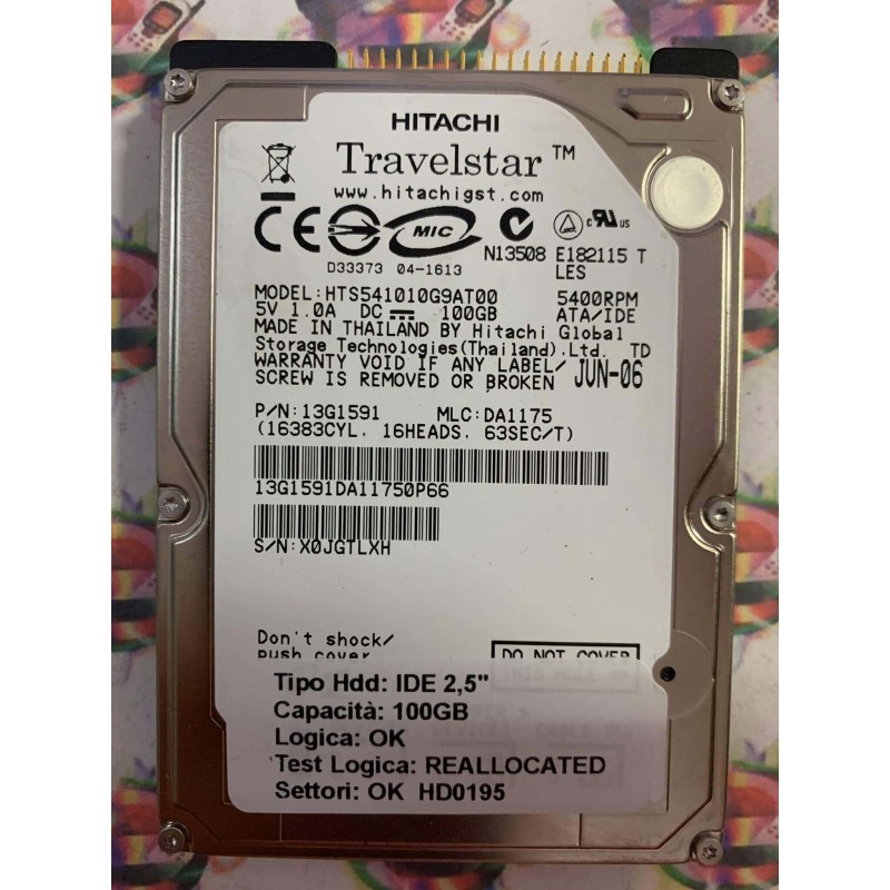 Hard Disk Usato Semifunzionante IDE 2,5" 100GB HITACHI HTS541010G9AT00 13G1591 DA1175 JUN-06