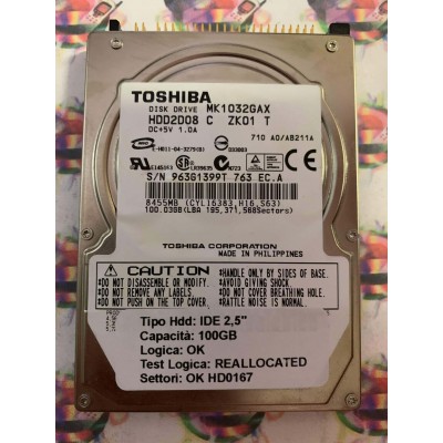 Hard Disk Usato Semifunzionante IDE 2,5" 100GB TOSHIBA MK1032GAX HDD2D08 C ZK01 T