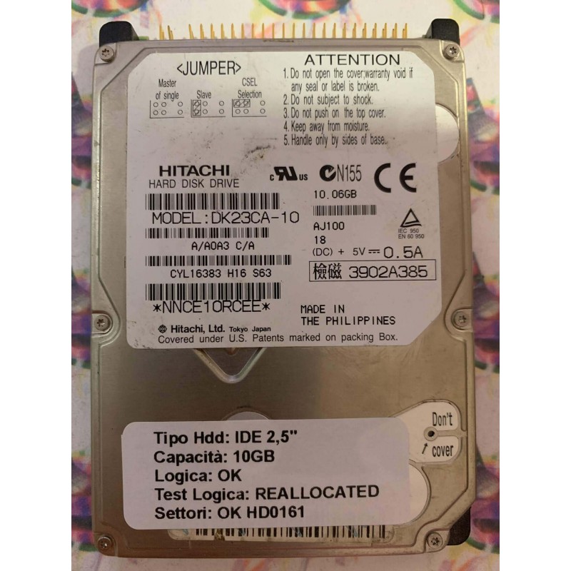 Hard Disk Usato Semifunzionante IDE 2,5" 10GB HITACHI DK23CA-10 A/A0A3 C/A AJ100