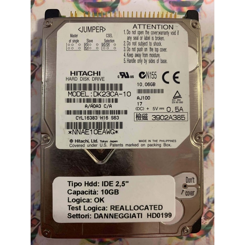 Hard Disk Usato Semifunzionante IDE 2,5" 10GB HITACHI DK23CA-10 A/A0A3 C/A AJ100 17