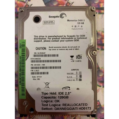 Hard Disk Usato Semifunzionante IDE 2,5" 120GB SEAGATE ST9120822A 9S1033-188 3.ALC 07121 WU