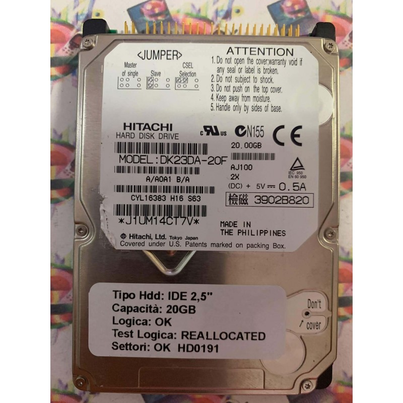 Hard Disk Usato Semifunzionante IDE 2,5" 20GB HITACHI DK23DA-20F A/A0A1 B/A AJ100 CYL16383 H16 S63