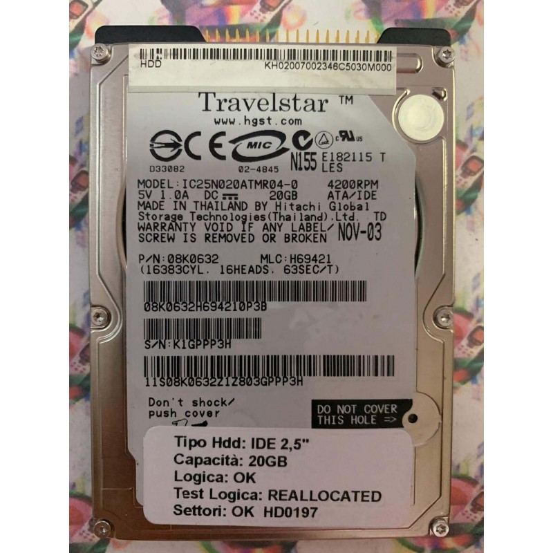 Hard Disk Usato Semifunzionante IDE 2,5" 20GB HITACHI IC25N020ATMR04-0 08K0632 H69421 NOV-03