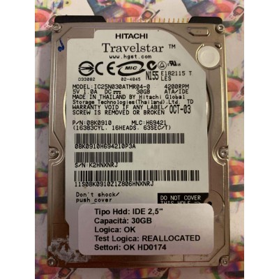 Hard Disk Usato Semifunzionante IDE 2,5" 30GB HITACHI IC25N030ATMR04-0 08K0910 H69421 OCT-03