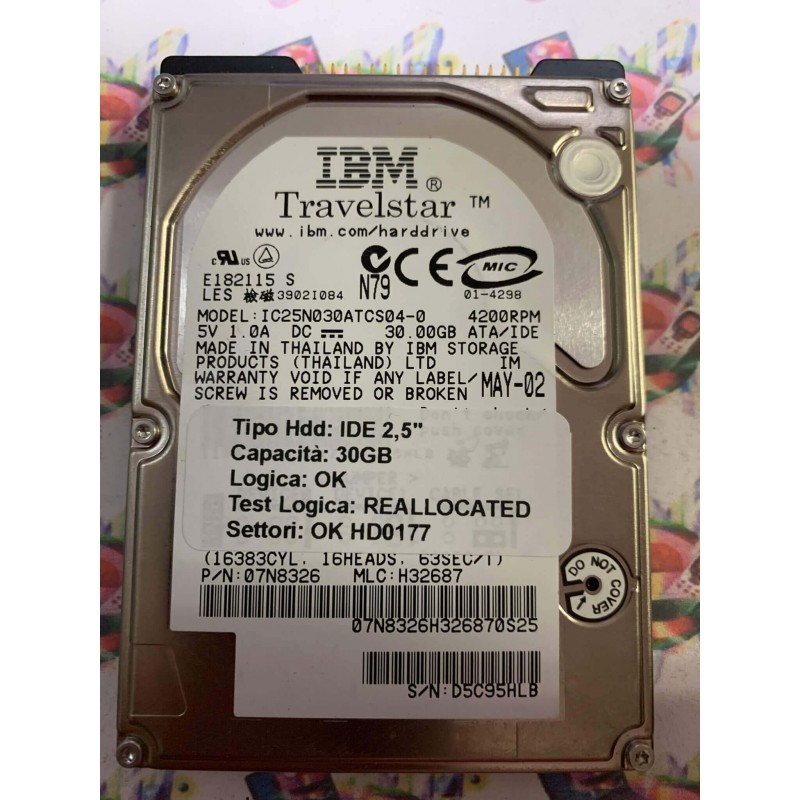 Hard Disk Usato Semifunzionante IDE 2,5" 30GB IBM E182115 07N8326 H32687 MAY-02
