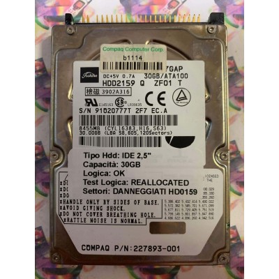 Hard Disk Usato Semifunzionante IDE 2,5" 30GB TOSHIBA MK3017GAP HDD2159 Q ZF01 T 227893-001
