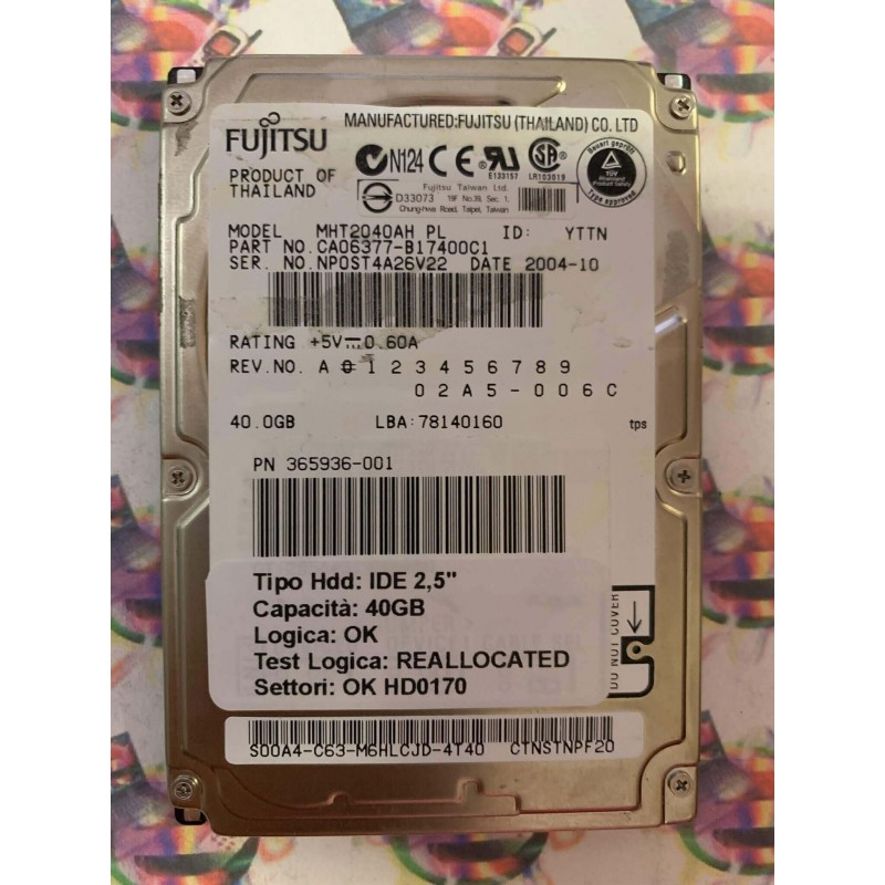 Hard Disk Usato Semifunzionante IDE 2,5" 40GB FUJITSU MHT2040AH CA06377-B17400C1 2004-10
