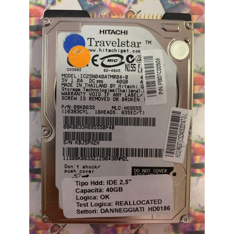 Hard Disk Usato Semifunzionante IDE 2,5" 40GB HITACHI IC25N040ATMR04-0 08K0633 H69555 NOV-04