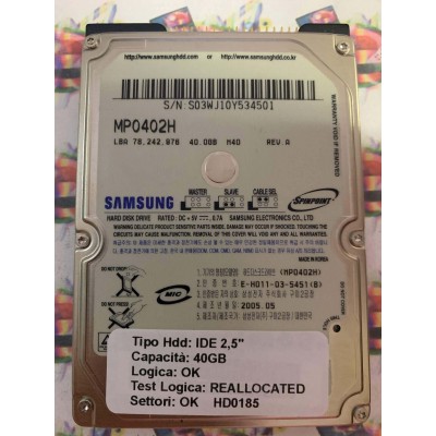 Hard Disk Usato Semifunzionante IDE 2,5" 40GB SAMSUNG MP0402H E-H011-036-5451 2005.05