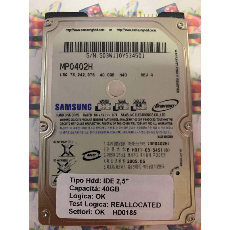 Hard Disk Usato Semifunzionante IDE 2,5" 40GB SAMSUNG MP0402H E-H011-036-5451 2005.05