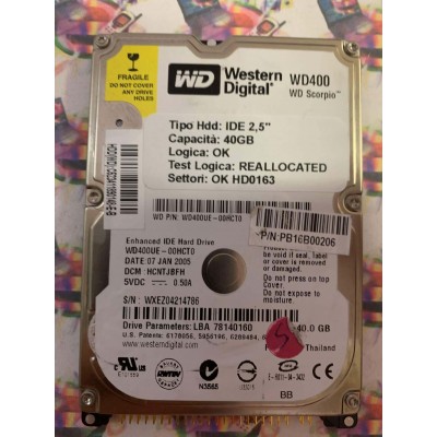 Hard Disk Usato Semifunzionante IDE 2,5" 40GB WESTERN DIGITAL WD400UE-00HCT0 HCNTJBFH 07 JAN 2005