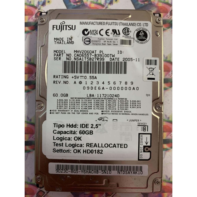 Hard Disk Usato Semifunzionante IDE 2,5" 60GB FUJITSU MHV2060AT CA06557-B39100TW 2005-11