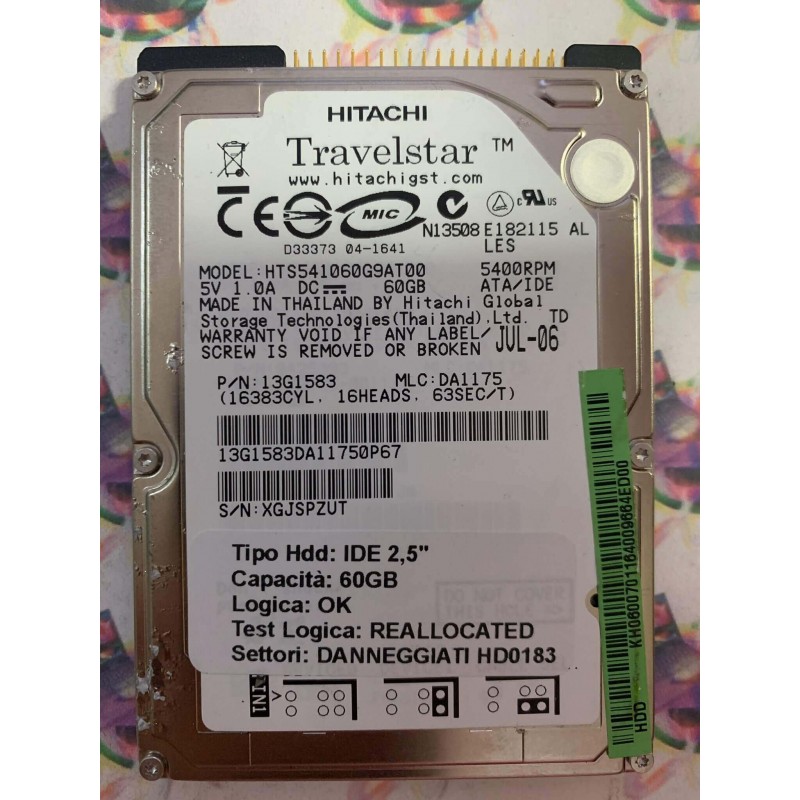 Hard Disk Usato Semifunzionante IDE 2,5" 60GB HITACHI HTS541060G9AT00 13G1583 SA1175