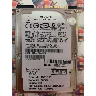 Hard Disk Usato Semifunzionante IDE 2,5" 80GB HITACHI HTS541280H9AT00 0A50107 DA1628 NOV-06