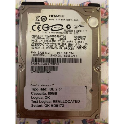 Hard Disk Usato Semifunzionante IDE 2,5" 80GB HITACHI HTS541680J9AT00 0A28417 DA1574 MAR-08