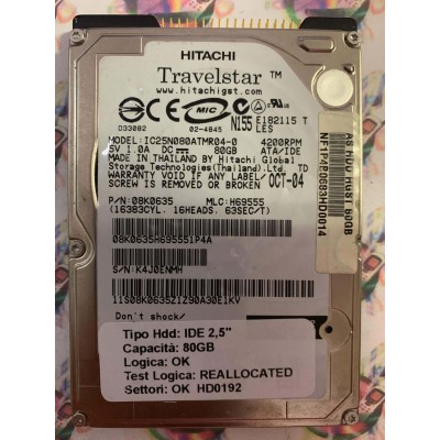 Hard Disk Usato Semifunzionante IDE 2,5" 80GB HITACHI IC25080ATMR04-0 08K0635 H69555 OCT-04