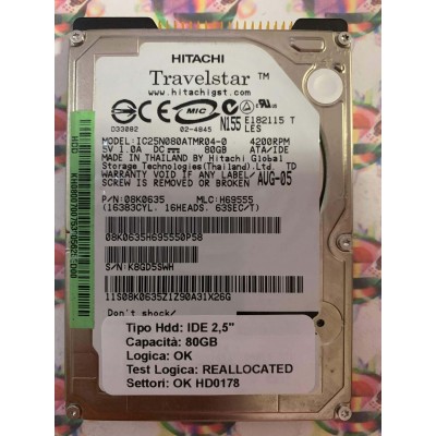 Hard Disk Usato Semifunzionante IDE 2,5" 80GB HITACHI IC25N080ATMR04-0 08K0635 H69555 AUG-05