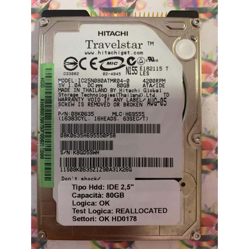 Hard Disk Usato Semifunzionante IDE 2,5" 80GB HITACHI IC25N080ATMR04-0 08K0635 H69555 AUG-05
