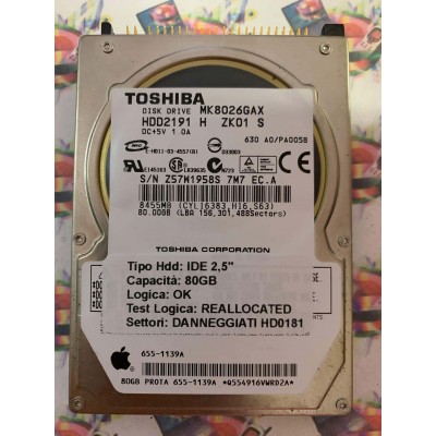 Hard Disk Usato Semifunzionante IDE 2,5" 80GB TOSHIBA MK8026GAX HDD2191 H ZK01 S