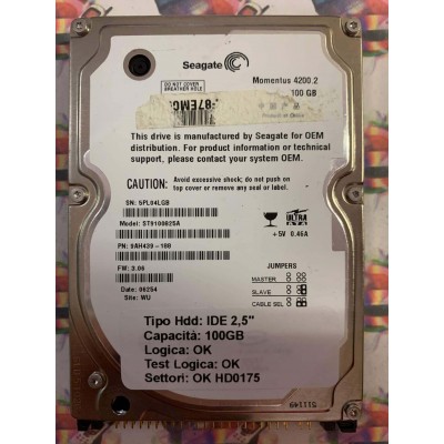 Hard Hard Disk Usato Funzionante 100% Ok IDE 2,5" 100GB SEAGATE ST9100825A 9AH439-188 3.06 06254 WU