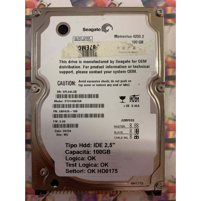 Hard Hard Disk Usato Funzionante 100% Ok IDE 2,5" 100GB SEAGATE ST9100825A 9AH439-188 3.06 06254 WU