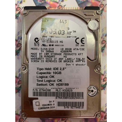 Hard Hard Disk Usato Funzionante 100% Ok IDE 2,5" 10GB IBM DJSA-210 07N4390 H32029 JUN-01