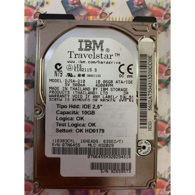 Hard Hard Disk Usato Funzionante 100% Ok IDE 2,5" 10GB IBM DJSA-210 07N6455 H32029 E182115 S JUN-01