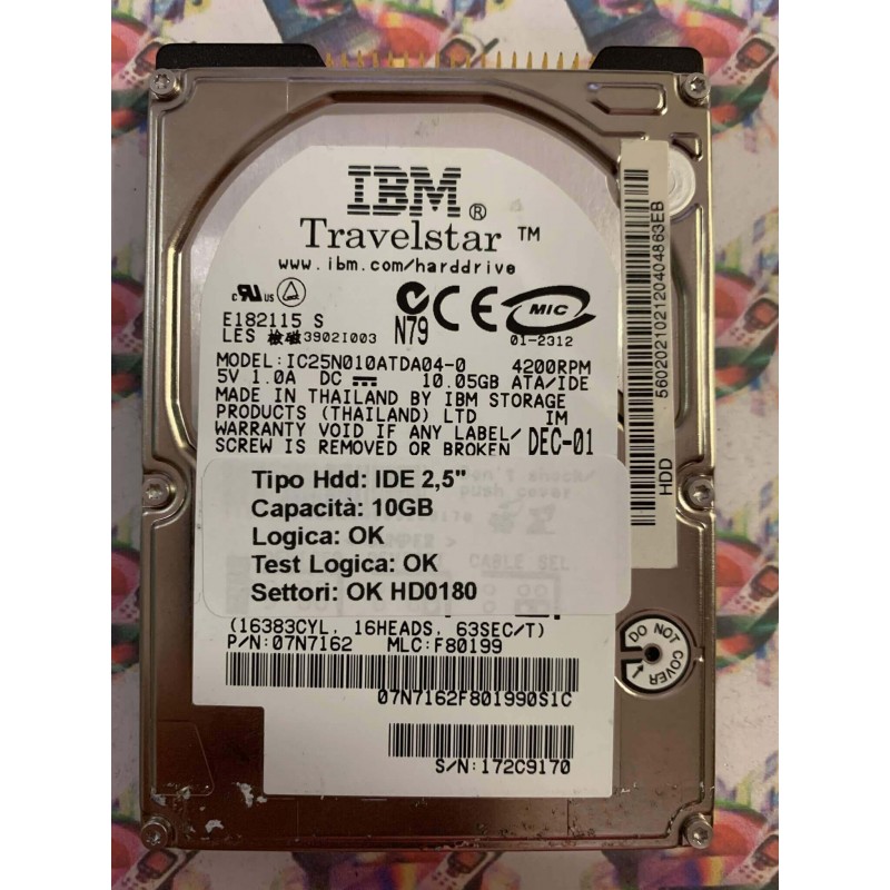 Hard Hard Disk Usato Funzionante 100% Ok IDE 2,5" 10GB IBM IC25N010ATDA04-0 07N7162 F80199 DEC-01