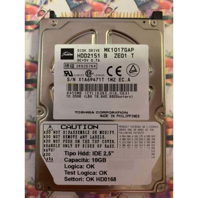Hard Hard Disk Usato Funzionante 100% Ok IDE 2,5" 10GB TOSHIBA MK1017GAP HDD2151 B ZE01 T