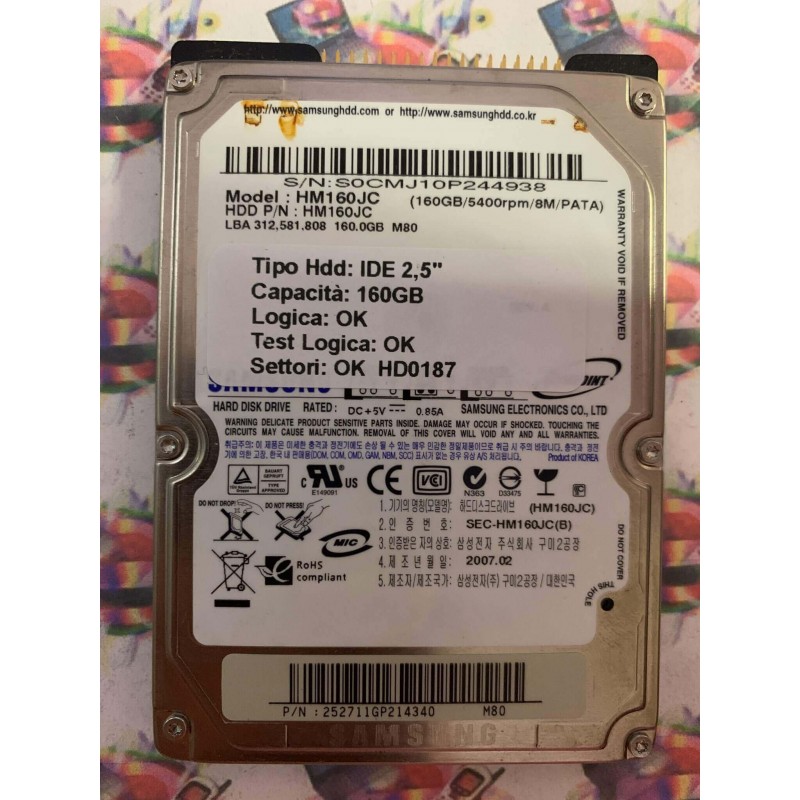 Hard Hard Disk Usato Funzionante 100% Ok IDE 2,5" 160GB SAMSUNG MH160JC SEC-HM160JC 2007.02