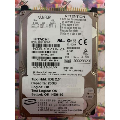 Hard Hard Disk Usato Funzionante 100% Ok IDE 2,5" 20GB HITACHI DK23DA-20F A/A0G0 A/A AJ100 CYL16383 H16 S63