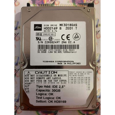Hard Hard Disk Usato Funzionante 100% Ok IDE 2,5" 30GB TOSHIBA MK3018GAS HDD2169 B ZE01 T